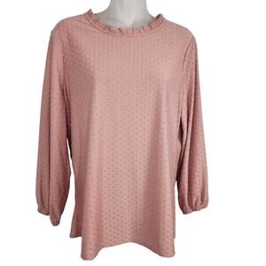 Adrianna Papell Womens Knit Clip Dot Ruffle Neck Top Size Medium Pink Chill